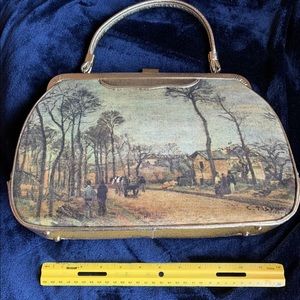 Beautiful Vintage 1960s silkscreen Tapestry- Like and Gold leather Handbag.